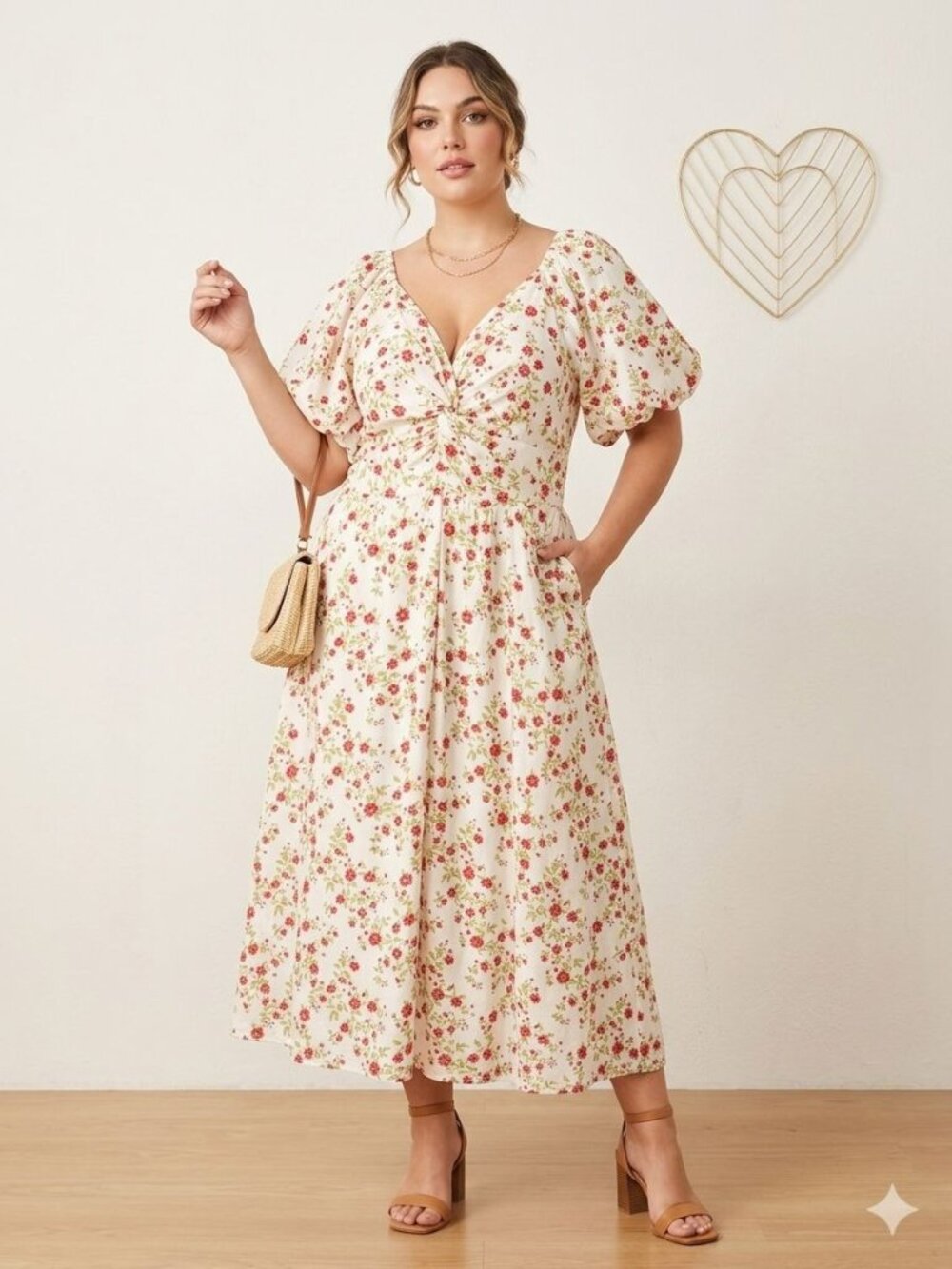 LEA Floral Midi Dress Puff Sleeve Cottagecore Cream Boho A-Line Tea Plus 3X